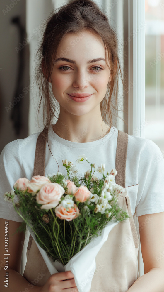 Young woman holding bouquet of flowers in natural light Young woman holding bouquet of flowers in natural light