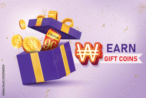 Wallpaper Mural Gift Box Filled With Korean Won Gold Coins And 90% Off Discount Coupon. Vector Illustration Concept for Discount Sale, Shopping Save, Cashback Rewards Torontodigital.ca