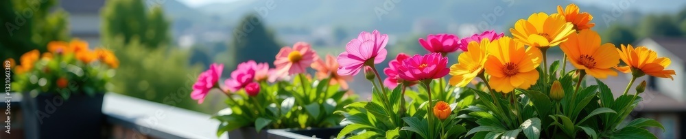 Fototapeta premium colorful flowers blooming in a planter on the rooftop, garden, flowers, calm