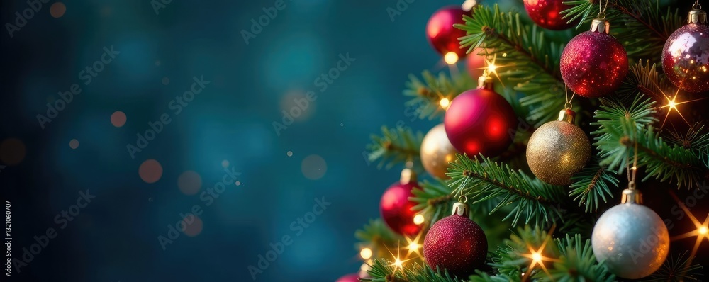 Fototapeta premium Colorful garlands adorn the Christmas tree's height, shining stars, colorful garland, festive colors
