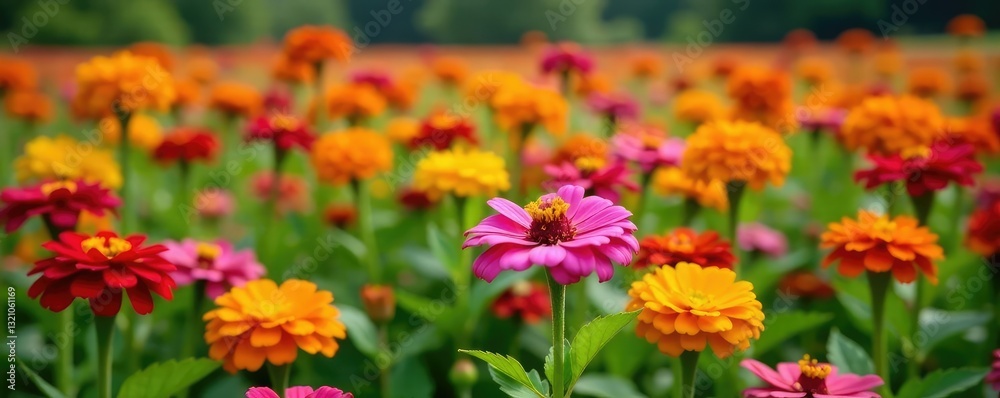 Fototapeta premium Colorful mix of zinnias and marigolds in a garden bed, field, landscape, nature