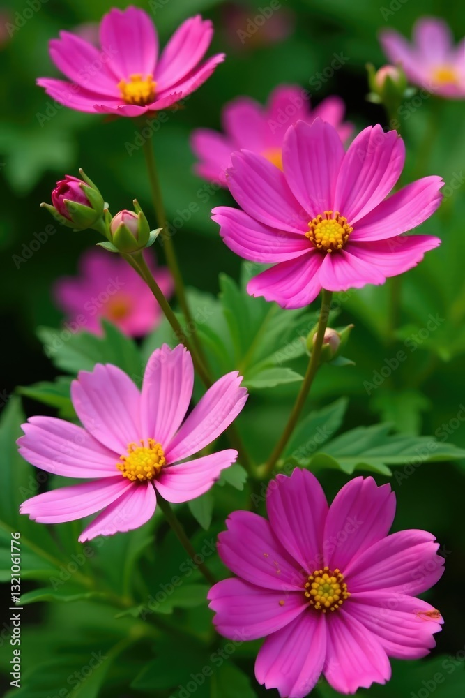 Colorful rose cosmos blooms on bright green leaves, garden, flowers Colorful rose cosmos blooms on bright green leaves, garden, flowers