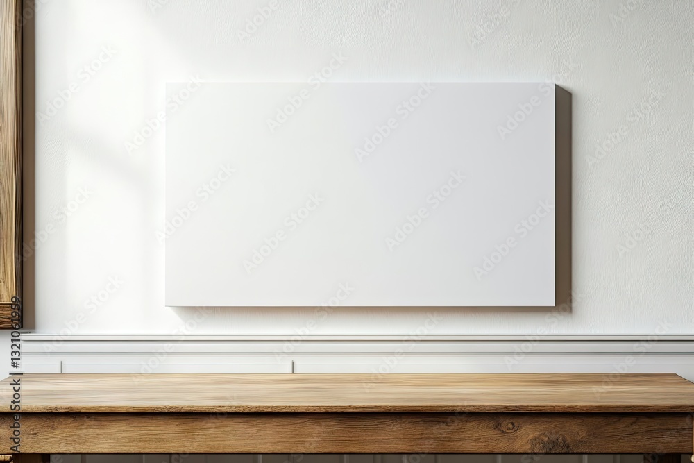 Blank canvas on wall, wooden table Blank canvas on wall, wooden table