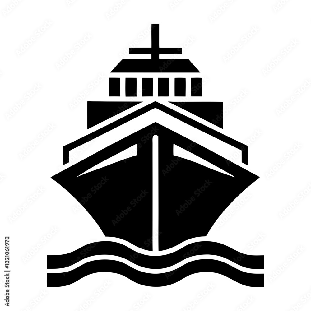 Naklejka premium Simple black silhouette of a cargo ship at sea.