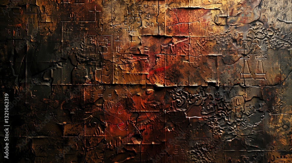 Obraz premium A weathered, rusty metal surface with an embossed pattern.