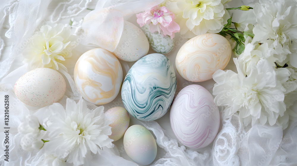 Marbled Easter eggs in light pastel colors, displayed on a white lace tablecloth surrounded by blooming flowers and soft, pastel-colored ribbons, creating a serene holiday ambiance. Marbled Easter eggs in light pastel colors, displayed on a white lace tablecloth surrounded by blooming flowers and soft, pastel-colored ribbons, creating a serene holiday ambiance.
