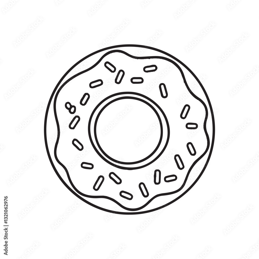 Donut Outline Vector Illustration,Black and White Donut Icon,simple Donut Line Art Design,Hand Drawn Donut with Sprinkles,Minimalist Donut Sketch