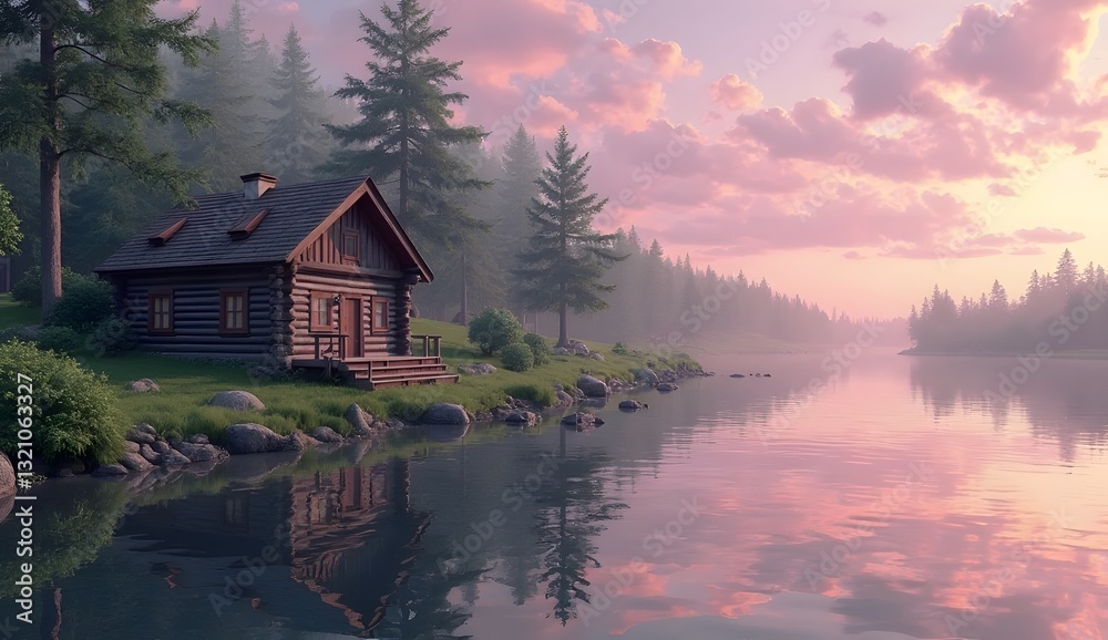 Obraz premium Secluded Log Cabin by a Serene Lake: A rustic log cabin standing by a calm lake, reflecting the beautiful wooden house and surrounding trees.