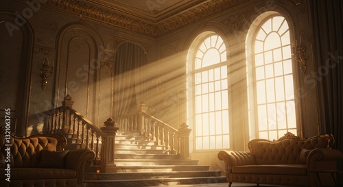 Sunlit grand staircase in a palace