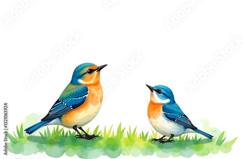 Watercolor illustration of a bird on green grass against a white background. A delicate and artistic nature scene, perfect for prints, invitations, packaging.