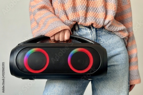 Female hand holding portable column with bright colored speakers