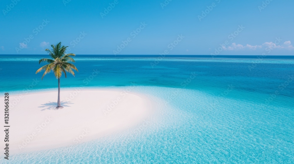 Fototapeta premium Relax exotic summer remote, Remote Island Paradise with a Single Palm Tree and Clear Blue Water