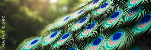 Close-Up of Vibrant Peacock Feathers with Iridescent Blue and Green Hues, Soft Sunlight Illuminating Intricate Patterns Against a Blurred Forest Background illustration