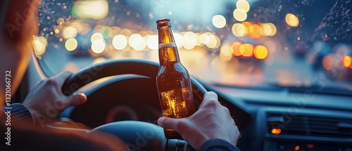 Hands of an intoxicated driver holding a beer bottle close up on the steering wheel