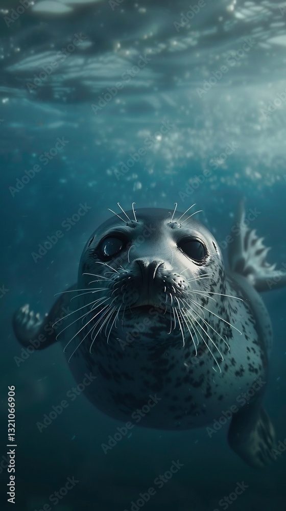 Fototapeta premium Close up of sleek grey seal swimming slow motion through open sea eyes reflecting ambient blue hues of underwater world scene bathed soft diffused light creating a stunning sense of depth and realism