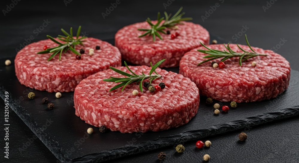 A close-up of raw beef patties on a black slate plate garnished with fresh sprigs of rosemary and a mix of colorful peppercorns A close-up of raw beef patties on a black slate plate garnished with fresh sprigs of rosemary and a mix of colorful peppercorns