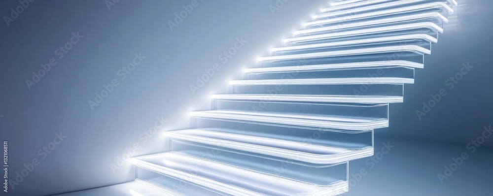 Transparent holographic stairs appearing out of thin air, futuristic surrealism