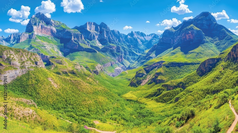 Majestic Mountain Range Landscape Lush Green Valley Under Blue Sky Majestic Mountain Range Landscape Lush Green Valley Under Blue Sky