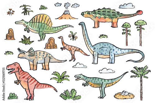 фотографія Sketches, ink and watercolors of the Dinosaur World series