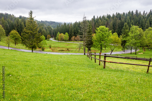 Obraz na płótnie countryside landscape in spring. wooden fence on the grassy meadow and forest on the hill. beautiful view in to the valley w salonie
