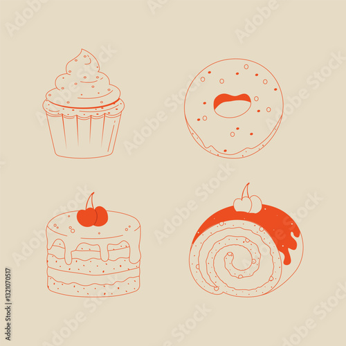 A set of sweets: cupcake, donut, cake, and cream roll. Line art style with attention to detail. Perfect for menu design, packaging, wallpapers, and culinary projects.