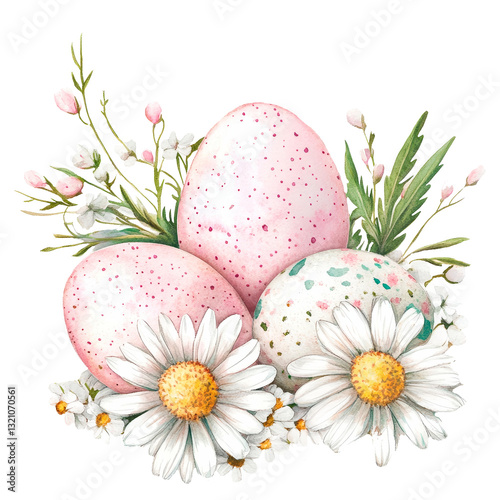 Watercolor illustration of pink Easter eggs with white daisy flowers and green leaves, isolated on a white background. Perfect for holiday decor, greeting cards, and branding
