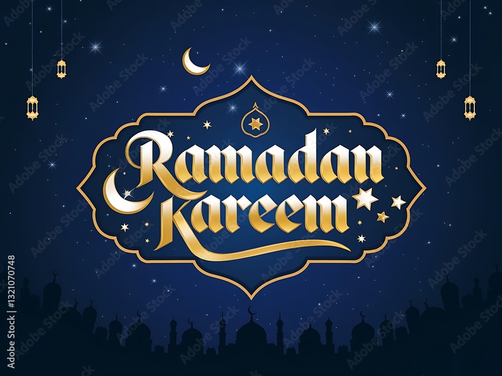 Naklejka premium Ramadan Kareem golden calligraphy on deep blue Ramadan wallpaper