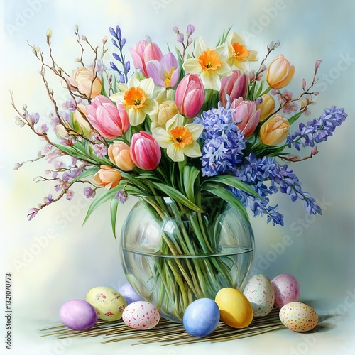Watercolor illustration of a flower bouquet in a vase with Easter eggs on a white background. A festive and delicate composition, perfect for greeting cards, prints, and decor.