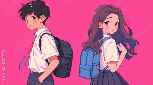 Two students standing back-to-back against a vibrant pink background, showcasing their school attire and backpacks