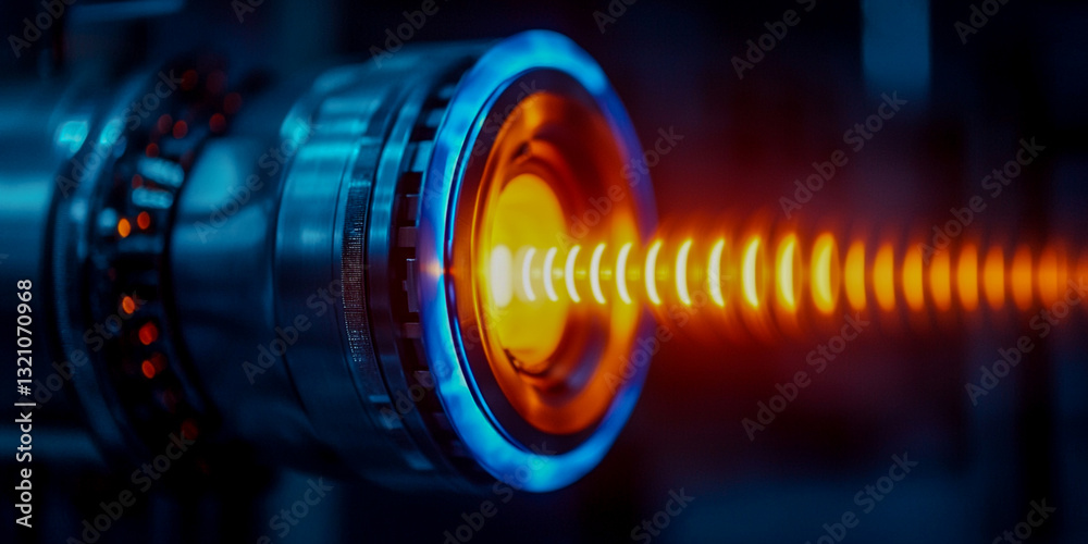 A close-up of a futuristic device emitting a vibrant orange beam, surrounded by intricate metallic components in a dark setting. A close-up of a futuristic device emitting a vibrant orange beam, surrounded by intricate metallic components in a dark setting.