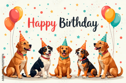 A group of five adorable dogs wearing festive party hats sits against a backdrop adorned with colorful birthday balloons and confetti, celebrating together under a 
