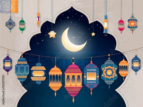 Vibrant Ramadan lanterns with glowing stars background