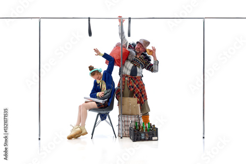 Student flinching as homeless man lifts bag and eats, sharing subway pole against white studio background. Concept of public transport chaos, unexpected interactions, contrast of privilege, discomfort