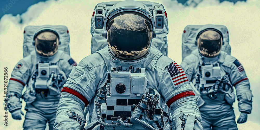 Three astronauts in space suits stand together, ready for a mission, against a backdrop of clouds. Three astronauts in space suits stand together, ready for a mission, against a backdrop of clouds.