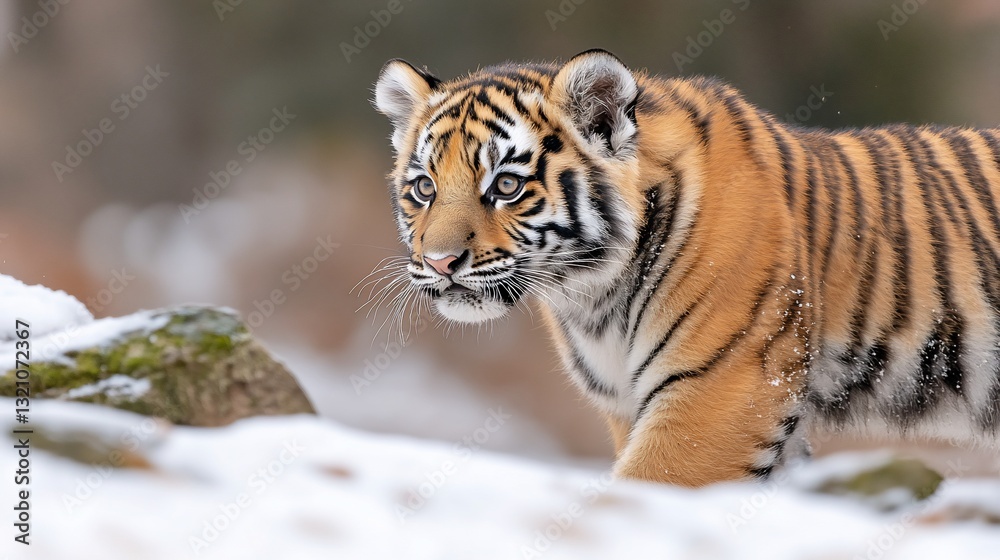 Obraz premium Adorable tiger cub walking in snowy landscape