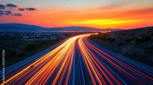 Highway traffic light trails at sunset near the city