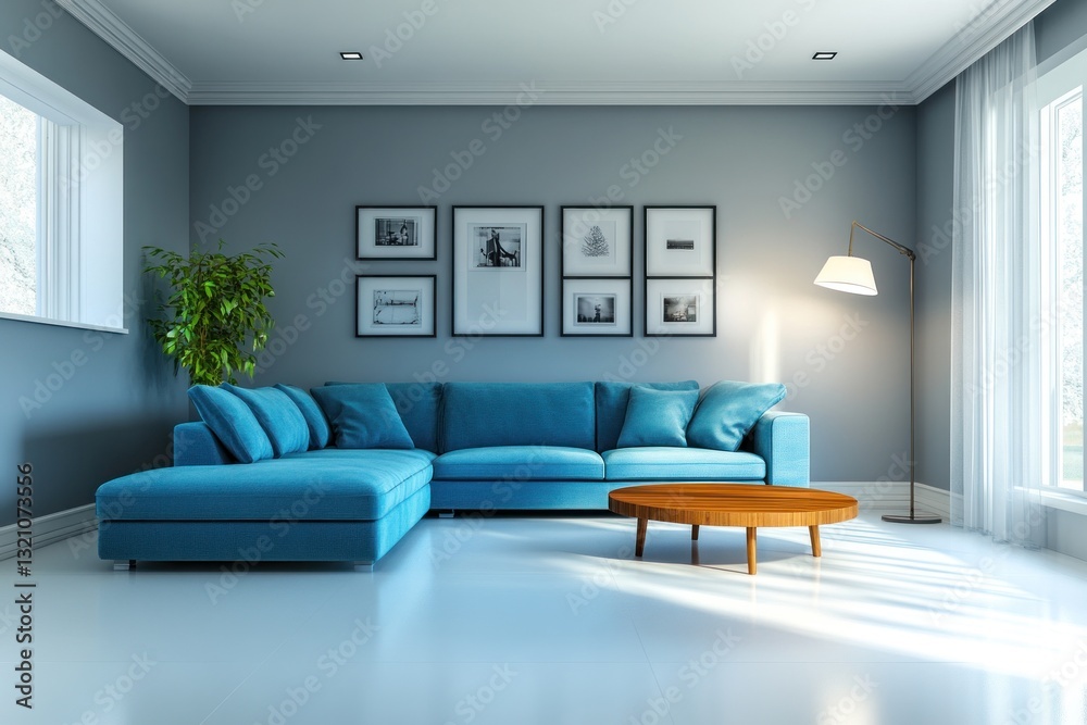 Fototapeta premium Modern living room with blue sectional sofa, gray walls, and gallery wall; interior design concept