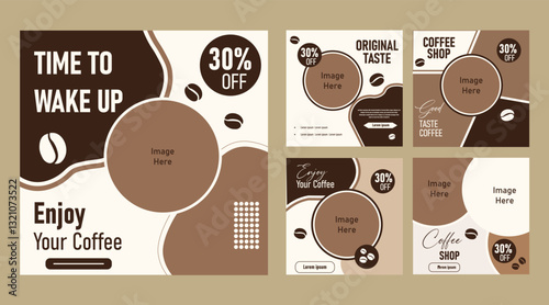 Promotional advertising template for a coffee shop with discount offers and modern design elements