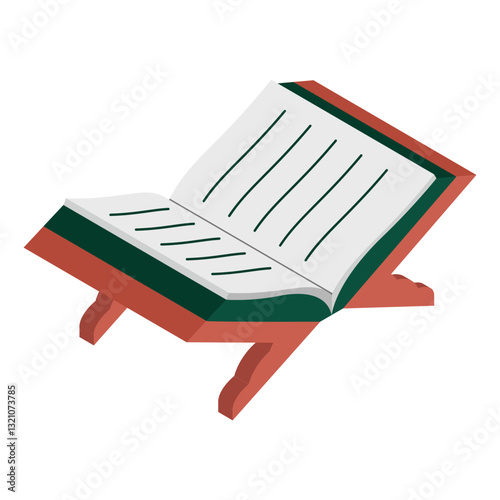 Quran with Wooden Rail isometric Concept, Koran Religious Text Book Vector color Icon Design, Arab culture and traditions Symbol, Islamic and Muslim practices Sign Ramadan and Eid stock illustration