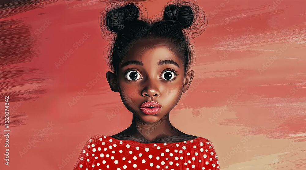 Digital portrait of a girl in a red polka-dot dress, showcasing vibrant colors and detailed features.