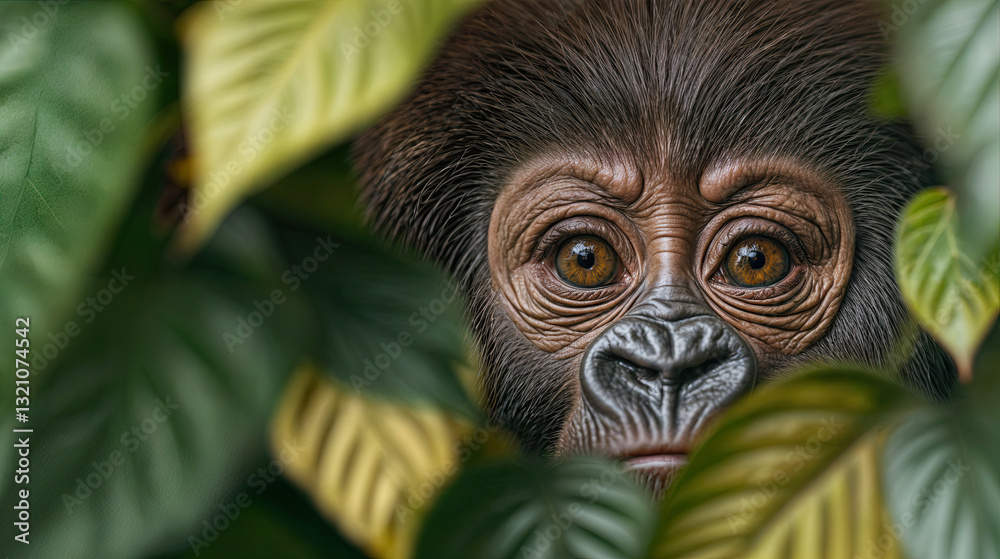Close-up of a young gorilla's face, peering through lush foliage.