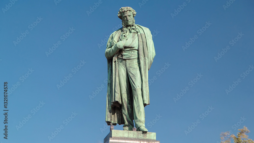 Fototapeta premium Monument to russian poet Alexander Pushkin on Pushkin Square timelapse hyperlapse, Moscow, Russia