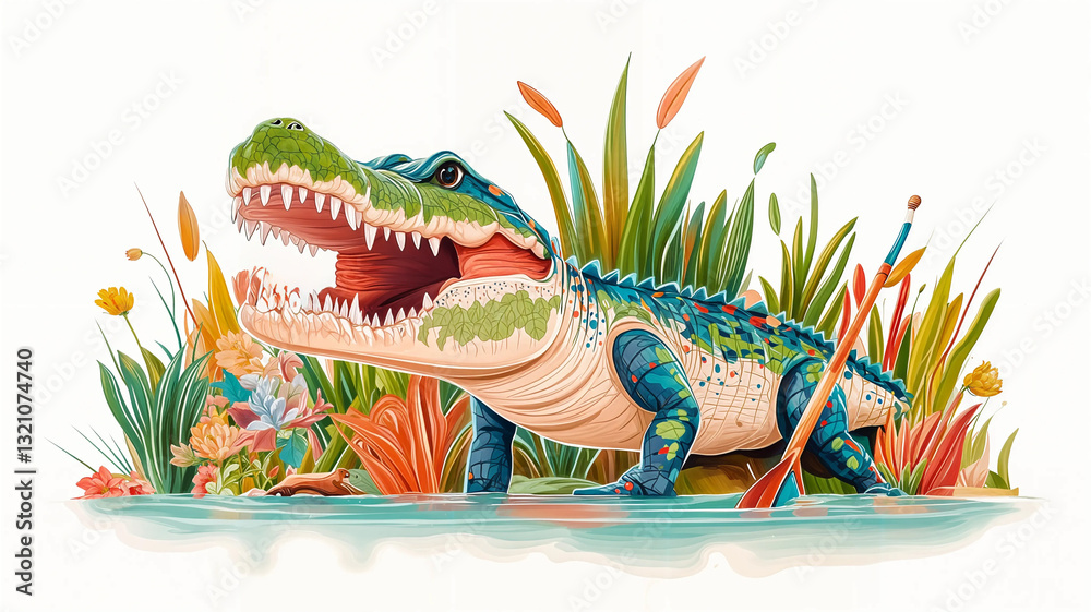 A vibrant crocodile, adorned with colorful patterns, rests near a tranquil body of water, surrounded by lush foliage.