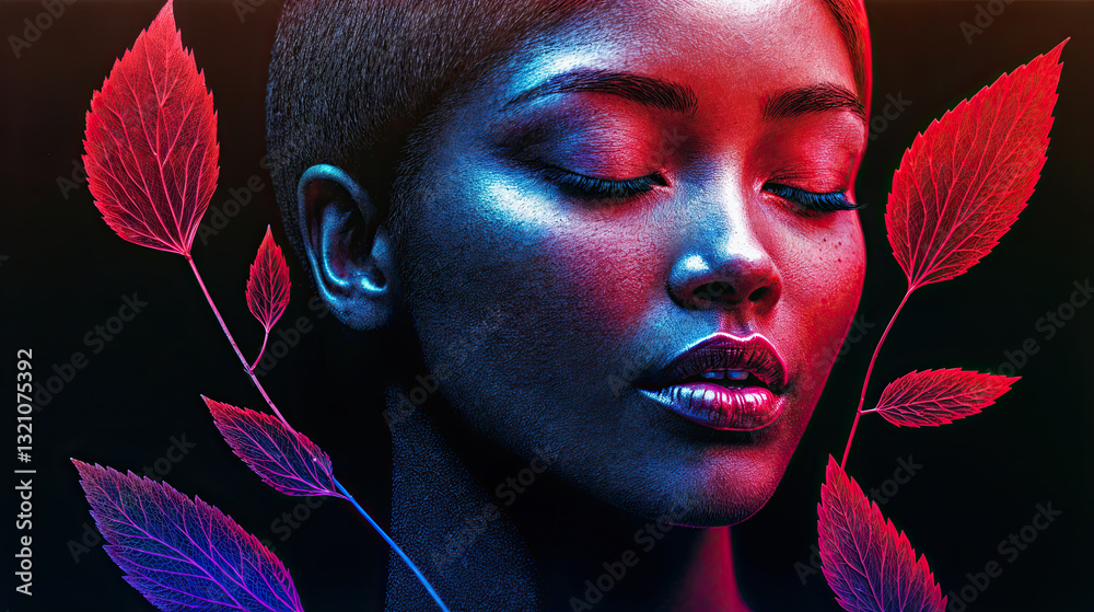 A captivating image of a woman with a serene expression, her face bathed in a spectrum of glowing colors. The leaves add a touch of nature to the artistic composition.