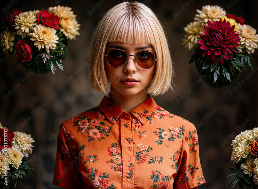 A young woman with short blonde hair and round sunglasses, wearing an orange floral shirt.