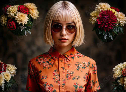Obraz na płótnie A young woman with short blonde hair and round sunglasses, wearing an orange floral shirt. w salonie