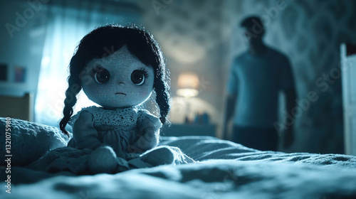 A rag doll is sitting on a bed in a dark, unhealthy room. An unrecognizable man stands behind the doll, looking at her. The scene is eerie and disturbing. Concept child abuse and maltreatment.