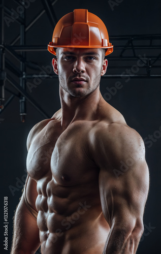 Obraz na płótnie a muscular individual wearing an orange hard hat, standing against a dark background with industrial scaffolding visible. The person's physique is well-defined, with visible abdominal muscles w salonie