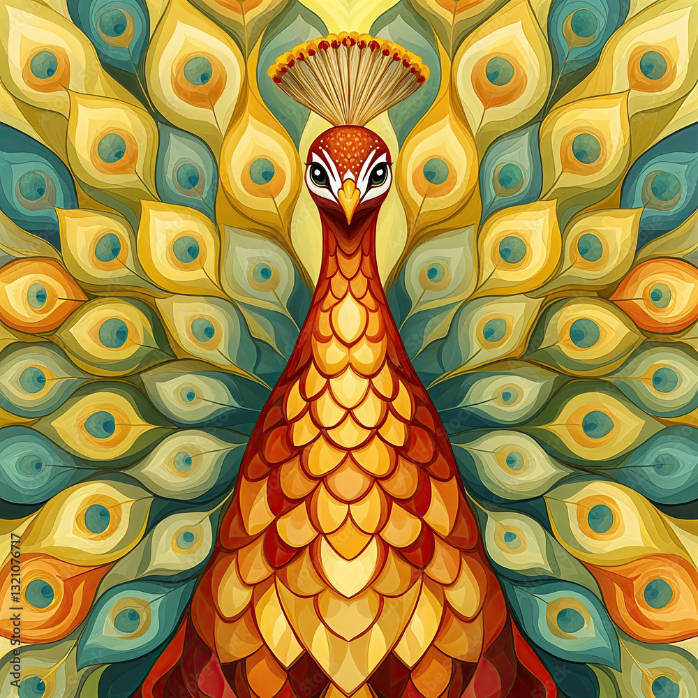 A vibrant peacock, showcasing a rich array of warm and cool tones in its plumage.
