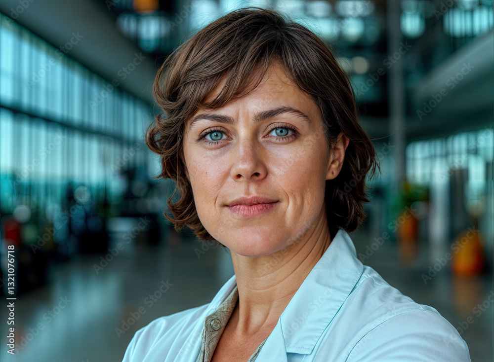 A focused portrait of a woman in a light-blue lab coat, her gaze directed confidently forward.